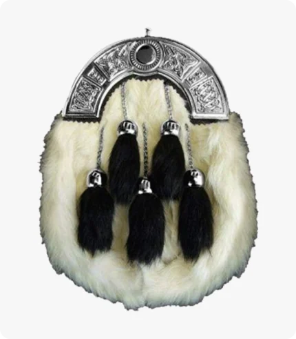 Chrome Celtic Cantle White Rabbit Fur Sporran With 5 Black Fur Tassels