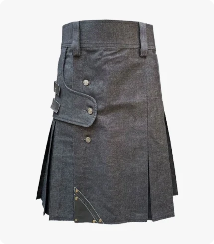 Handmade Black Denim Leather Strap Kilt