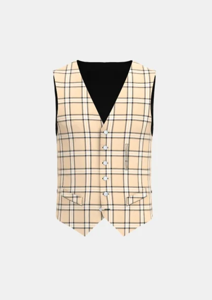 Beige Tartan Waistcoat Front